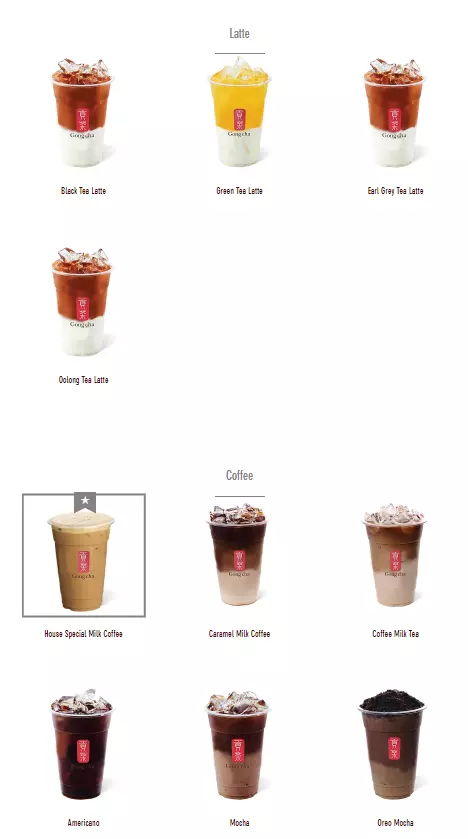 Gong Cha Latte & Coffee Options