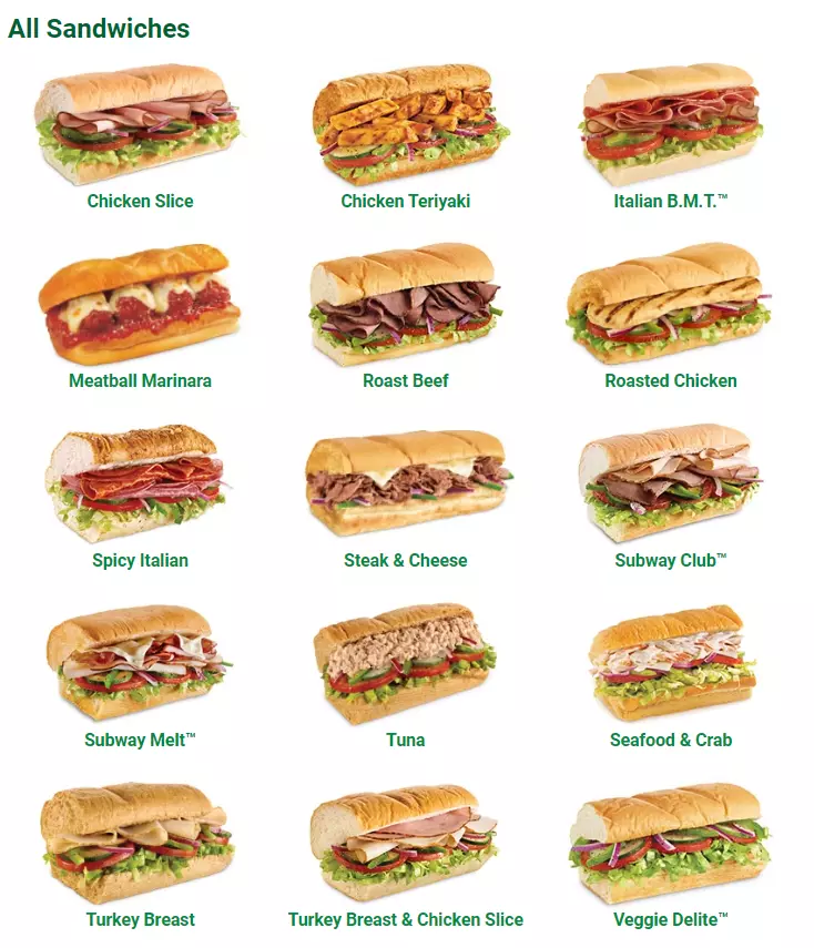 Subway Sandwiches Menu