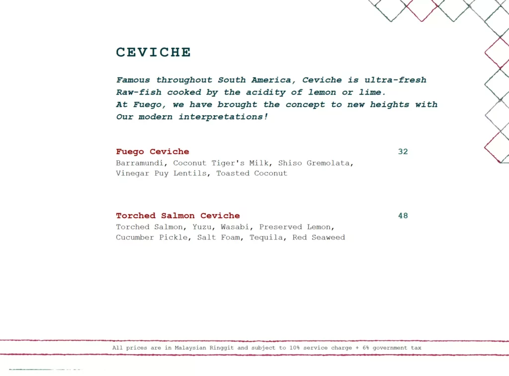 Menu Fuego Ceviche