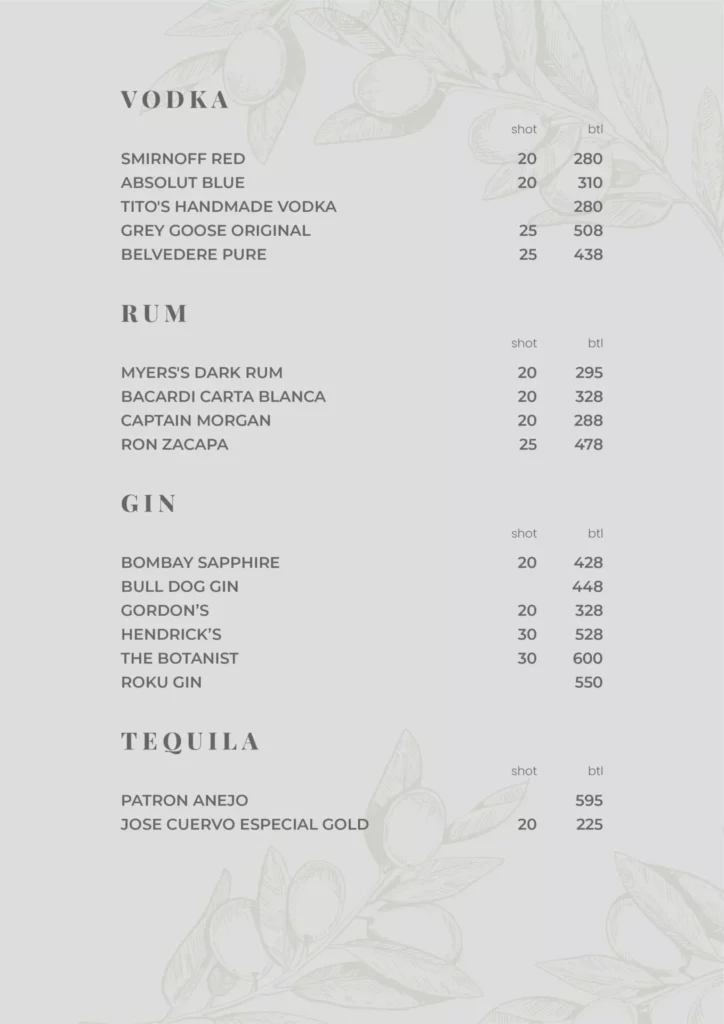 The Barn Whisky Vodka Rum Menu