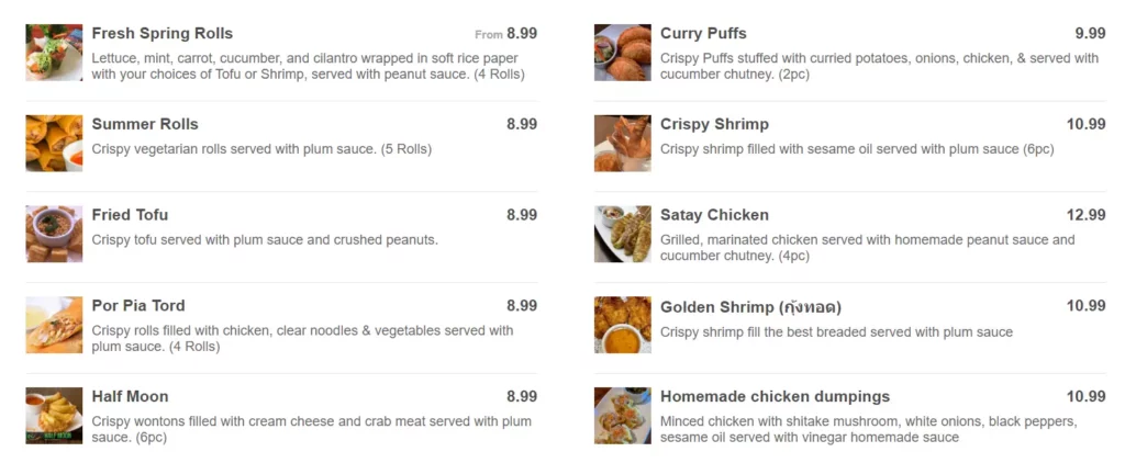 Aroi Thai Appetizers Menu