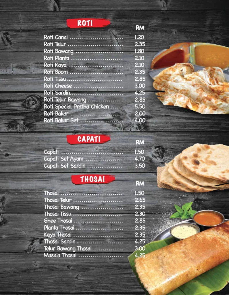 Menu Restoran Kapitan Roti, Capati & Thosai 