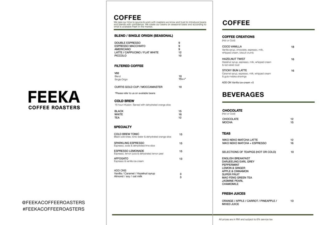 Feeka Coffee Menu