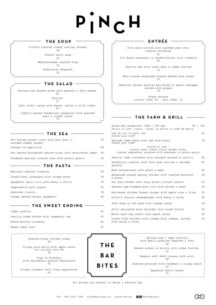 Pinch Lunch & Dinner Menu