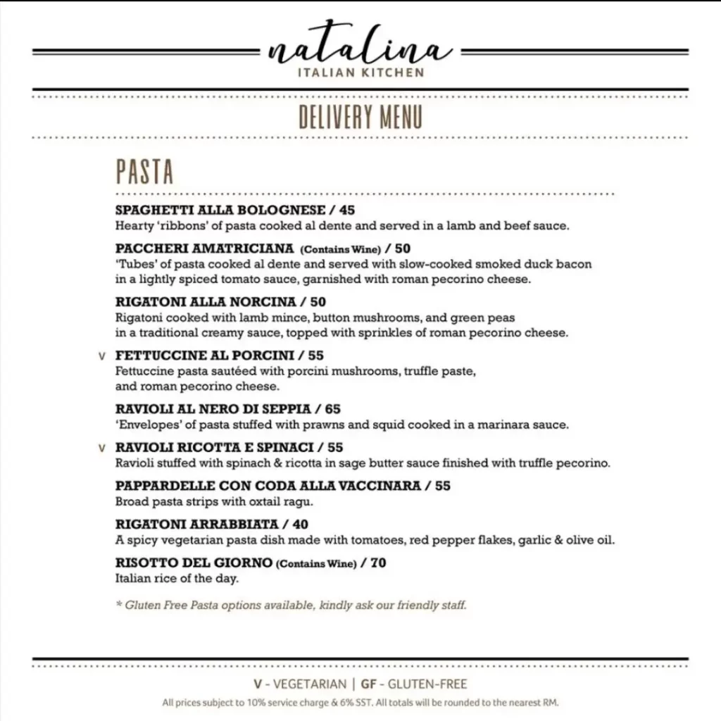 natalina KL Delivery Menu